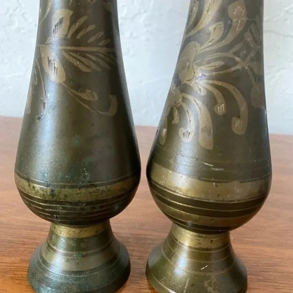 Vintage Indian Engraved Brass Vase Sets - Picture 5 of 7
